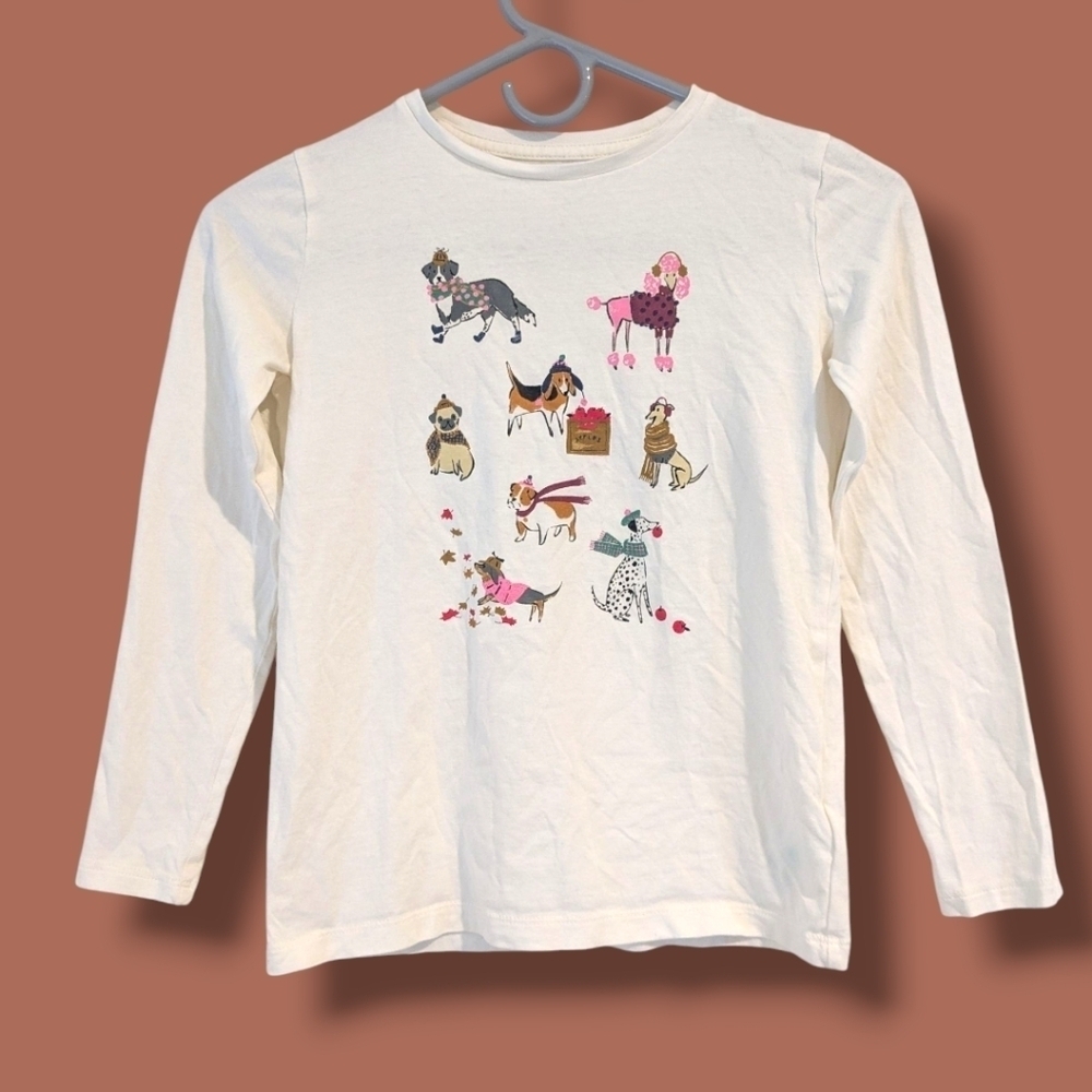Crewcuts Girls 8-9 White Cotton Dogs Graphic Printed Long Sleeve Tee Fall